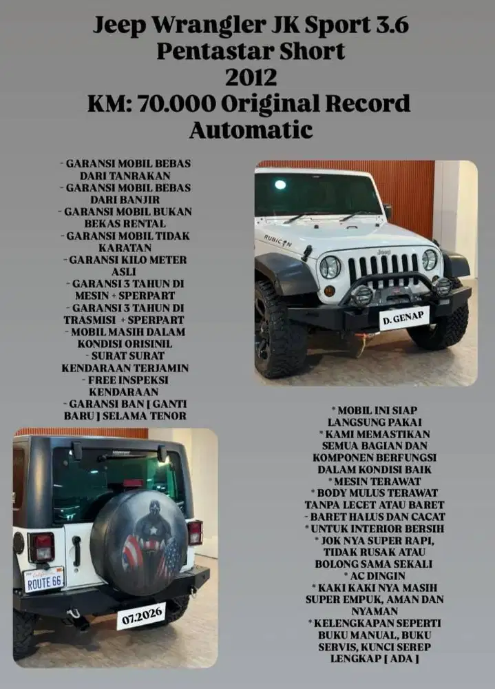 [ GARANSI 3 TAHUN ] JEEP WRANGLER JK SPORT 3.6 AT 2012 SIAP PAKAI
