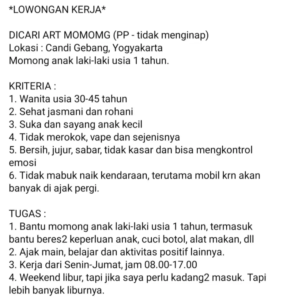 LOWONGAN KERJA DICARI ART MOMOMG ANAK LAKI LAKI 1 TAHUN