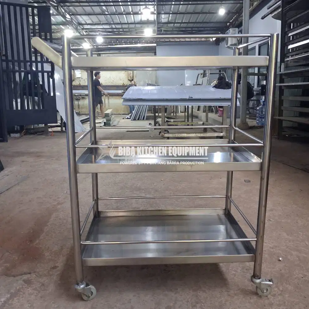 Rak Troli 3 Susun Stainless Steel Model Nampan Backplass 72x42x85