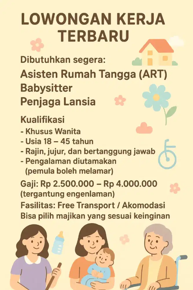 Dibutuhkan segera (lowongan kerja) Art, babysitter, penjaga lansia