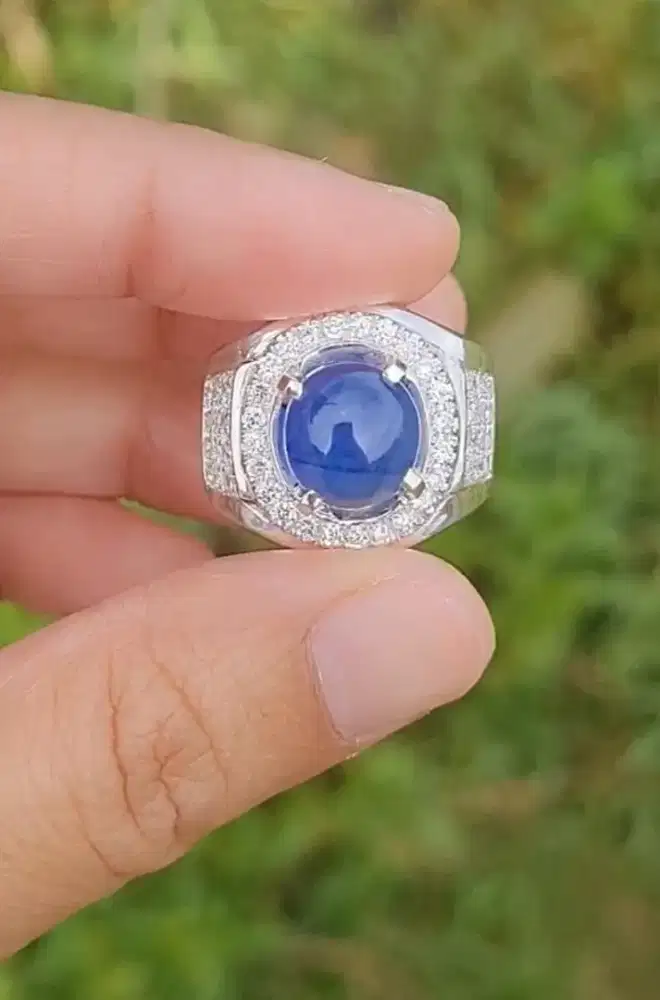 Cincin Blue Sapphire Elegan Ring Perak Ukuran 20