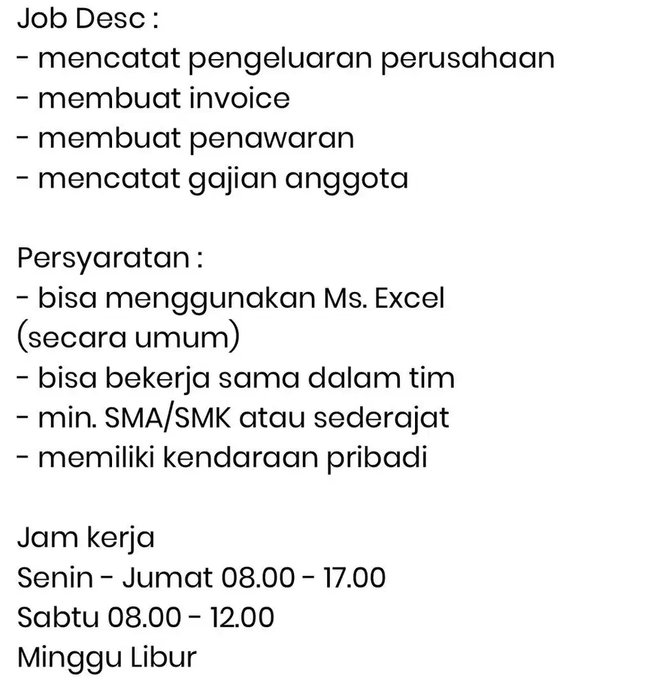 Dibutuhkan staff finance