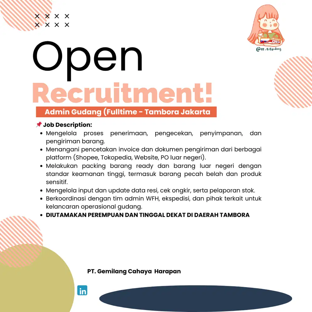 Admin Gudang (Fulltime - Onsite) Tambora Jakarta