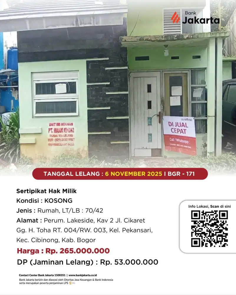LELANG BANK DKI - DIJUAL VIA LELANG RUMAH PERUM LAKESIDE KAV 2