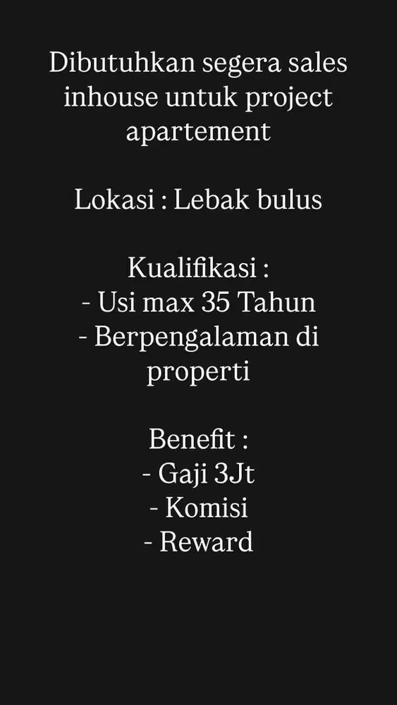 Dibutuhkan segera selas apartement yang berpengalaman‼️