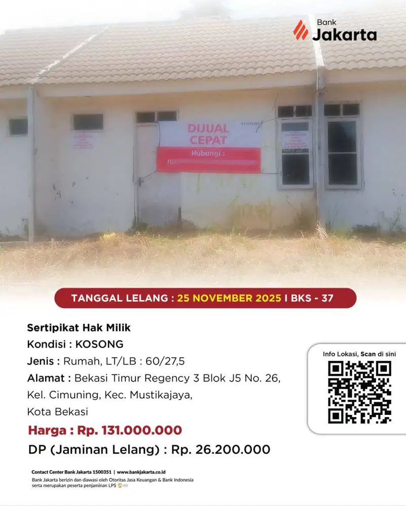 LELANG BANK DKI - DIJUAL VIA LELANG RUMAH BEKASI TIMUR REGENCY 3 J5