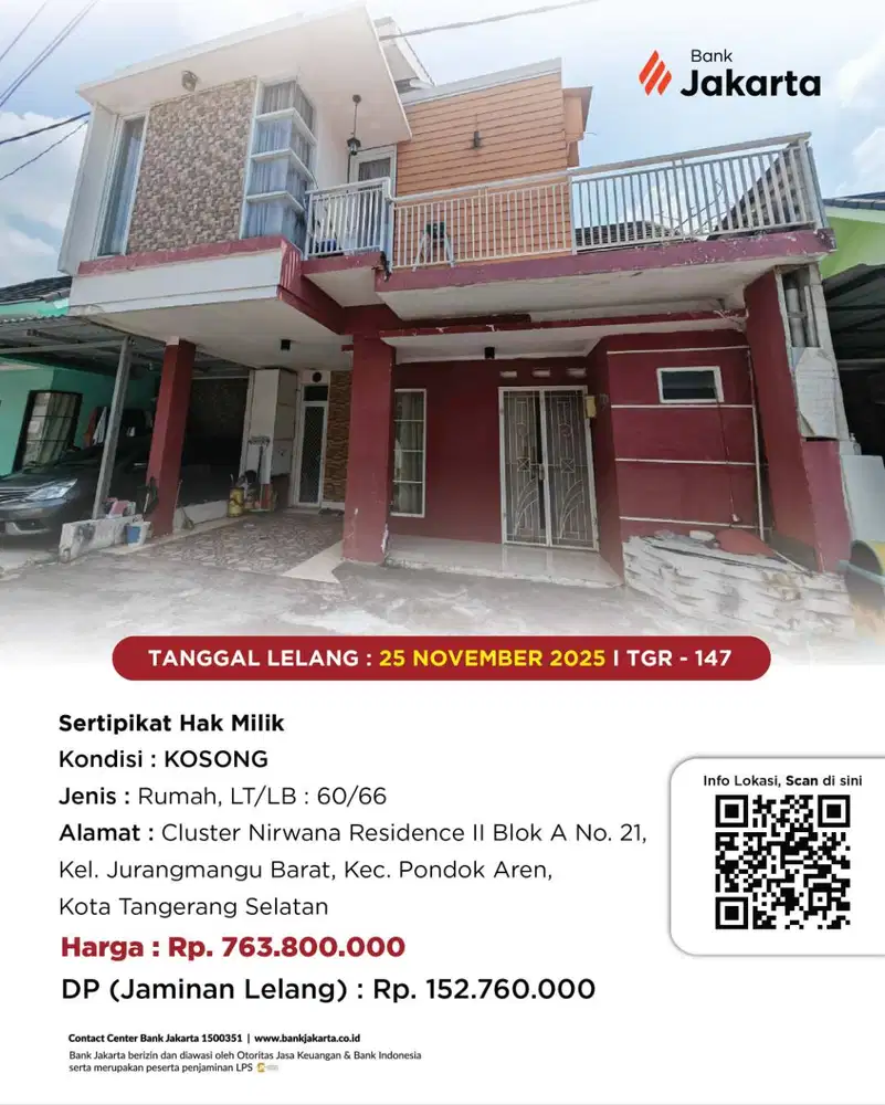 LELANG BANK DKI - DIJUAL VIA LELANG RUMAH CLUST. NIRWANA II BLOK A