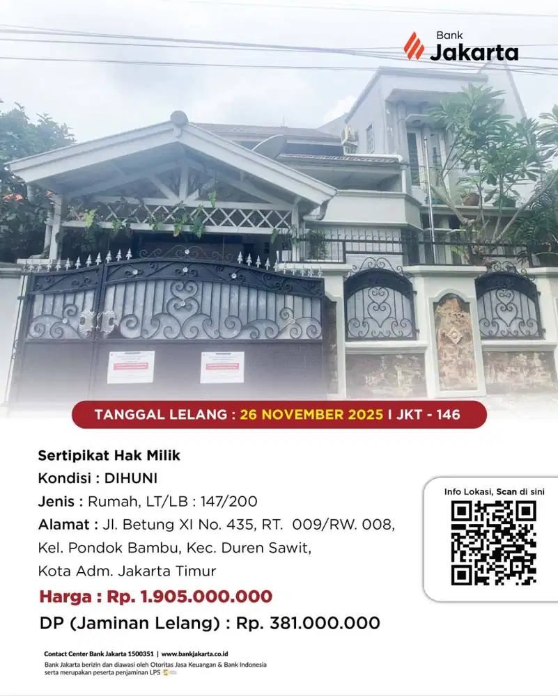 LELANG BANK DKI - DIJUAL VIA LELANG RUMAH JL. BETUNG XI