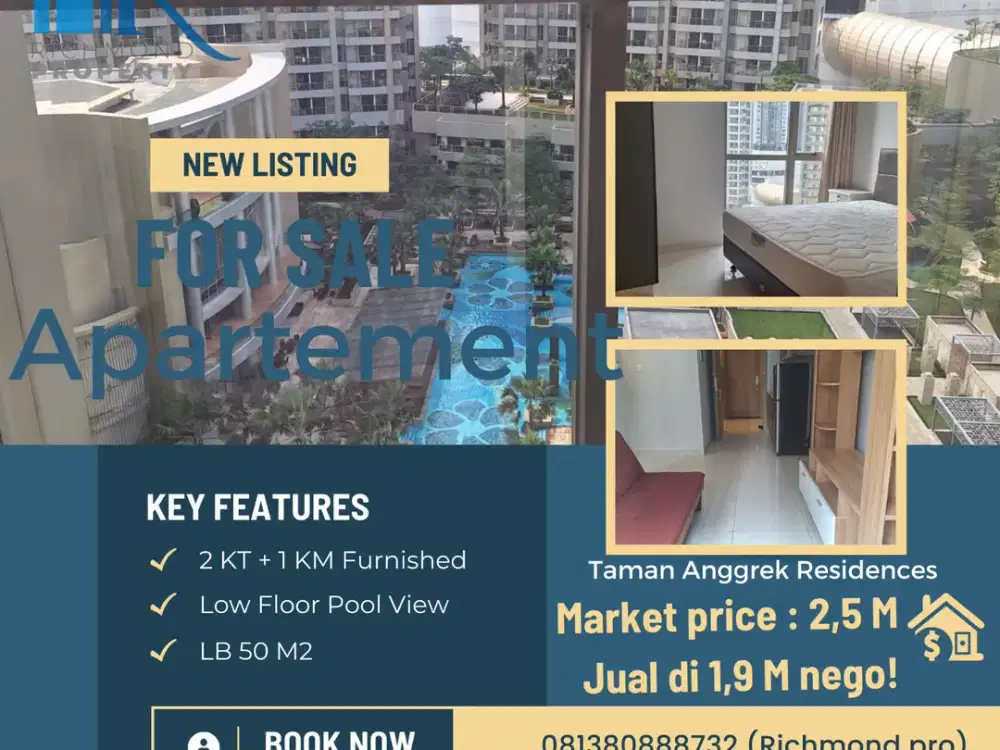 Jual Apartemen 2 BR 50 m2 di Taman Anggrek Residences Siap Tinggal Sudah Furnished !