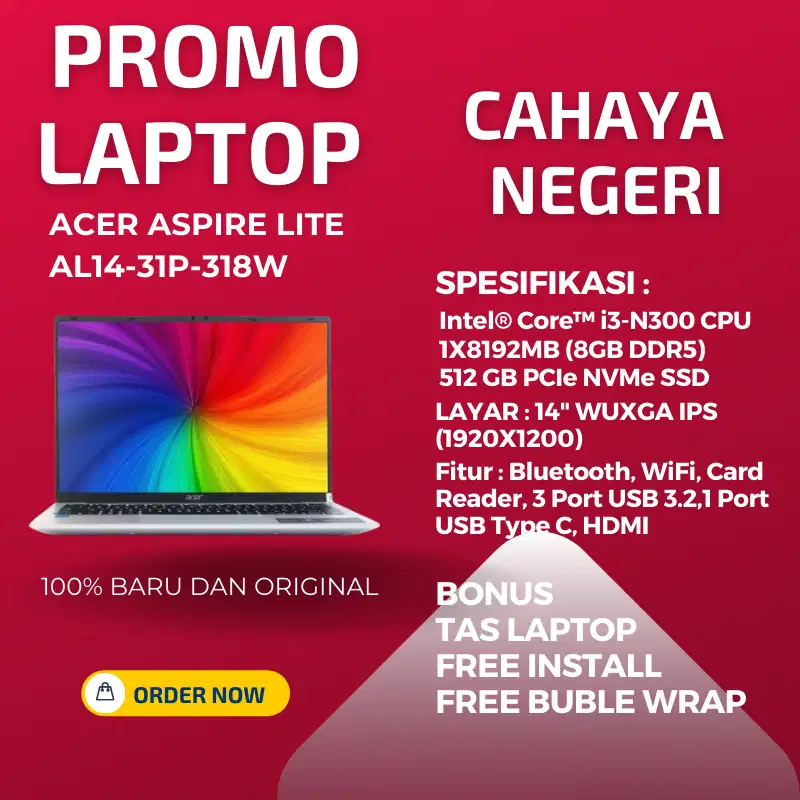 PROMO LAPTOP Acer Aspire Lite AL14-31P-318W i3 N300 RAM 8GB SSD 512GB