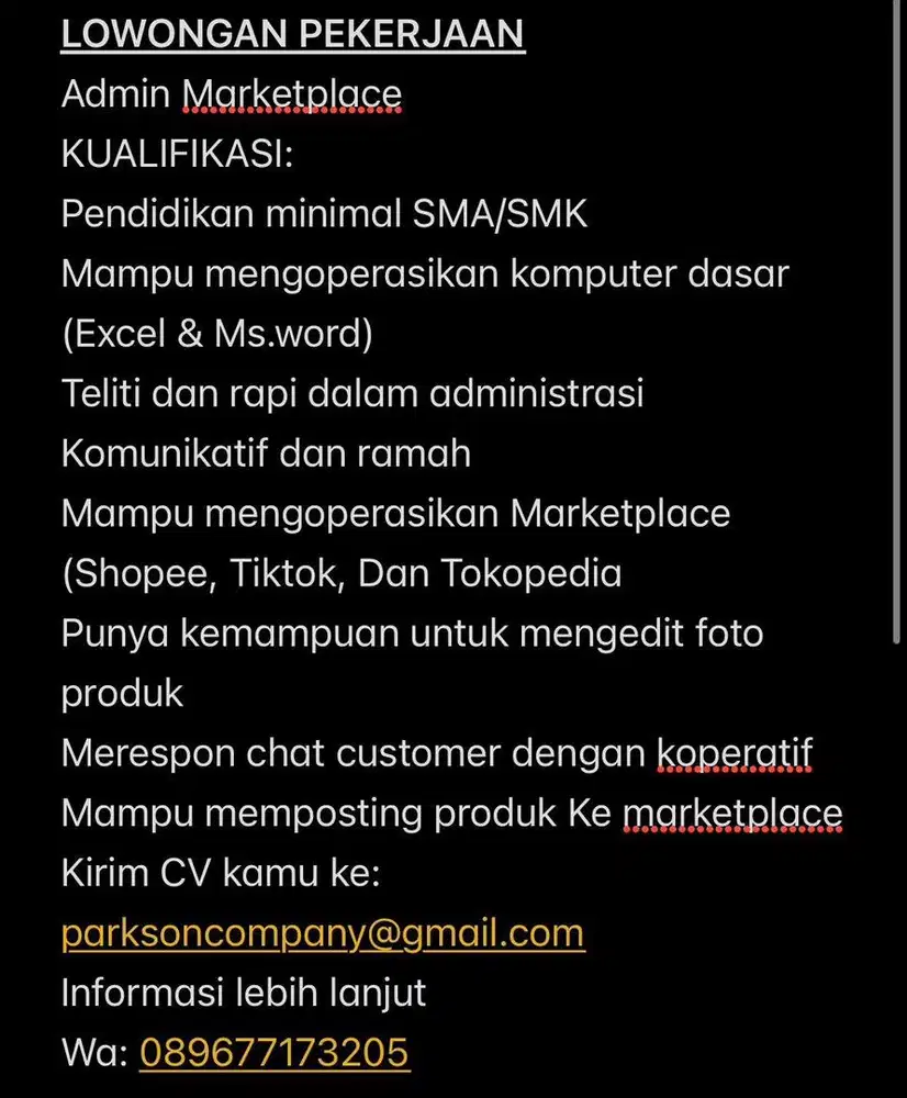 Loker admin shope&tiktok