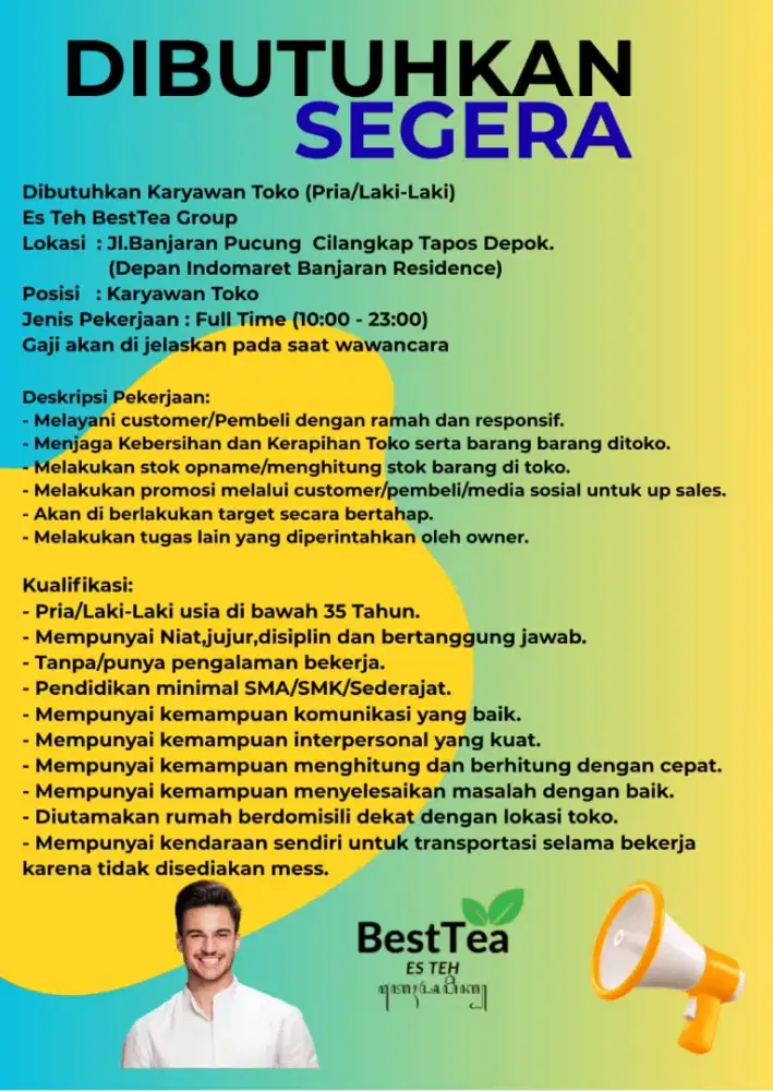 Lowongan Pekerjaan Karyawan toko Es Teh BestTea