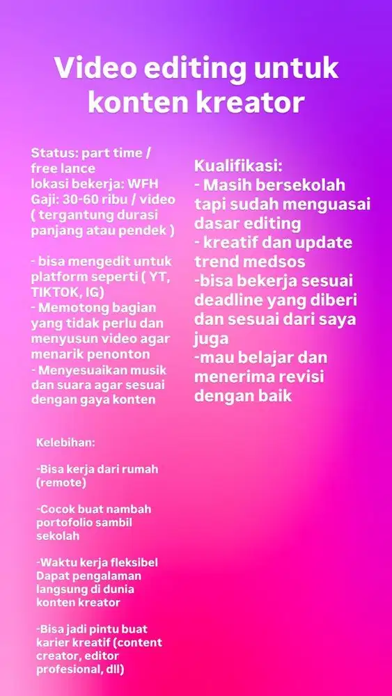 aku mau cari pekerjaan untuk diriku sebagai editor konten kreator