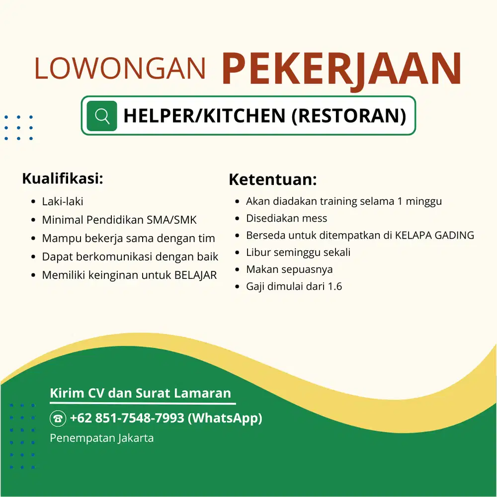 lowongan kerja crew resto: kitchen/dapur
