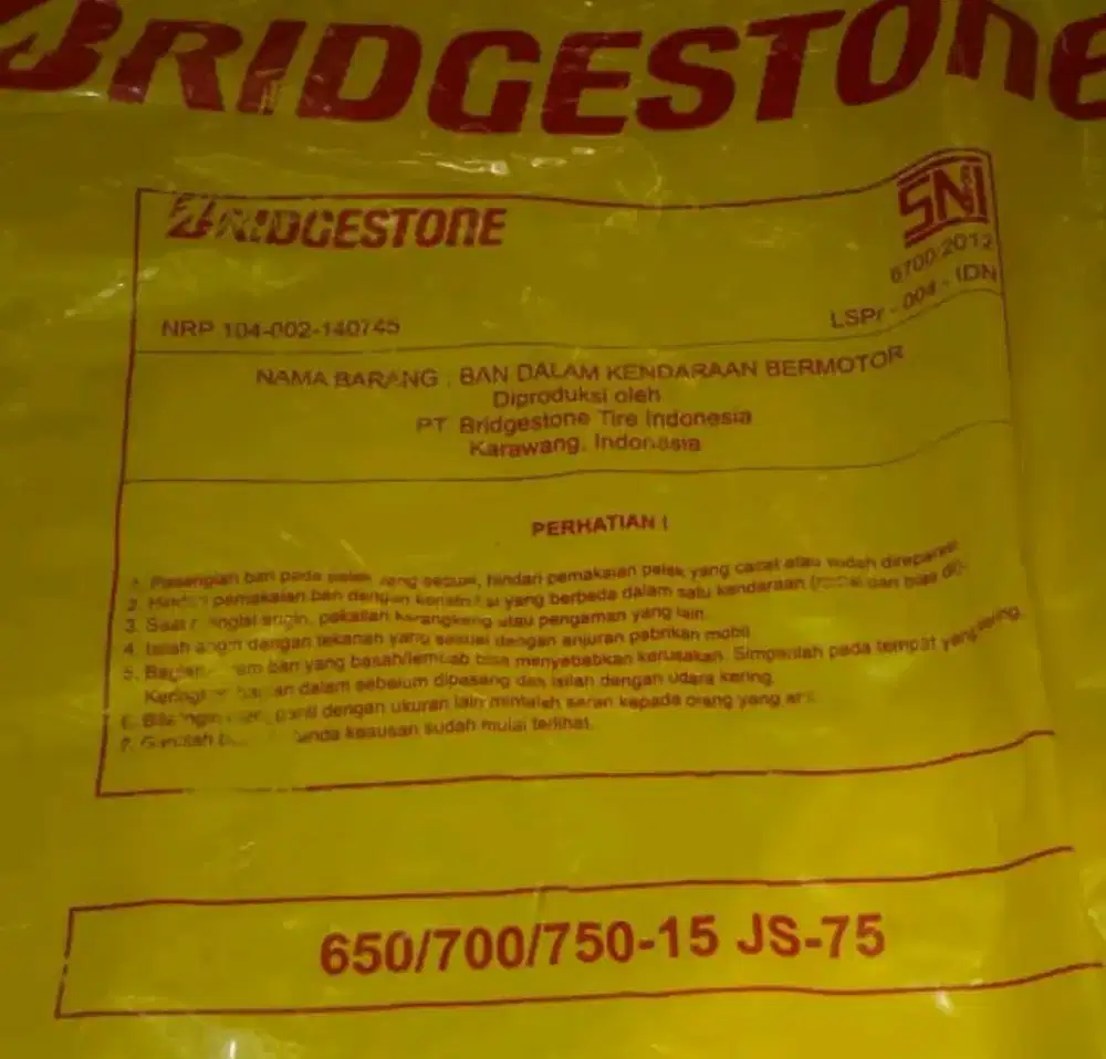 ban dalam/tube ukuran 750-15 JS75 BRIDGESTONE