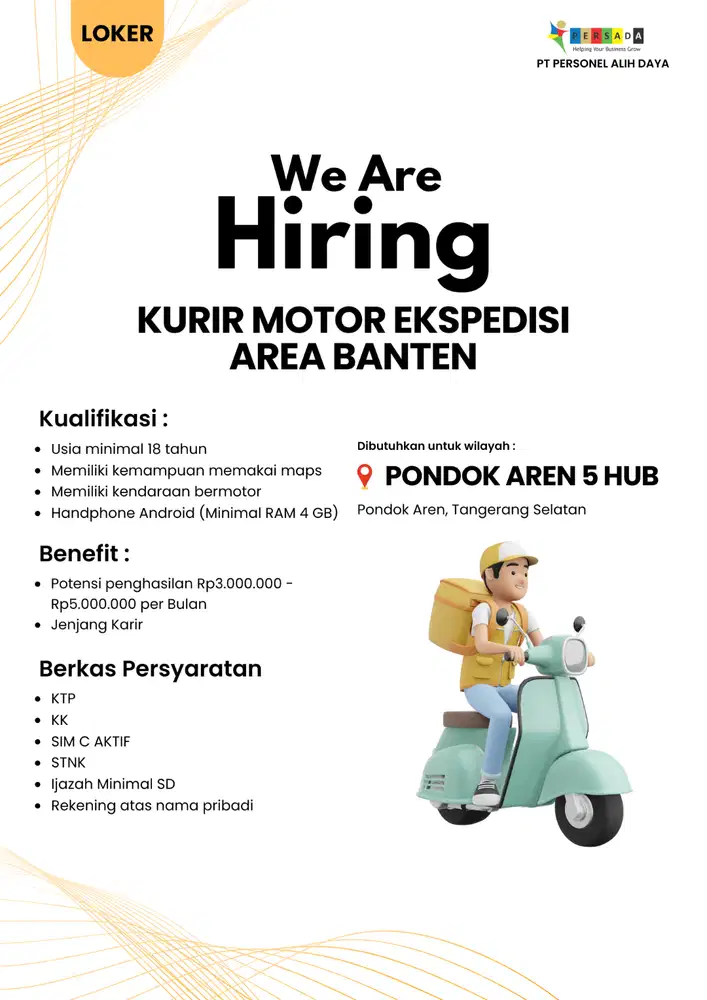 LOWONGAN KURIR PAKET EKSPEDISI AREA PONDOK AREN (TANGERANG SELATAN)