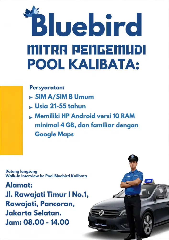 Lowongan Resmi Driver Bluebird - Pool Kalibata (Walk In)