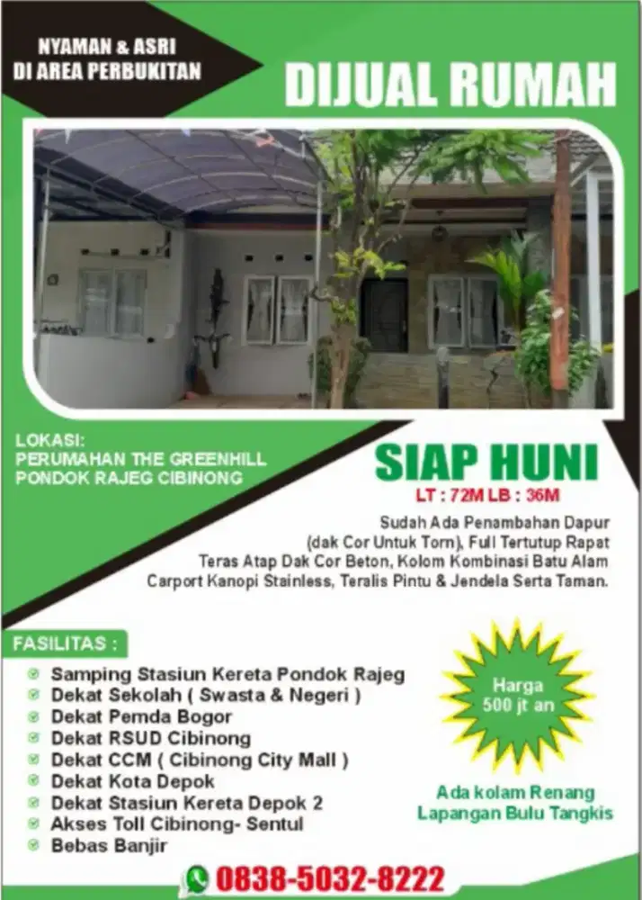 Dijual cepat Rumah Nyaman & Asri diPerbukitan The Green Hill Cibinong