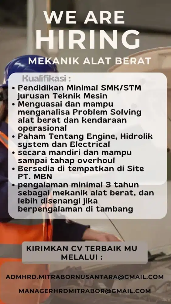 Lowongan Kerja Mekanik Alat Berat