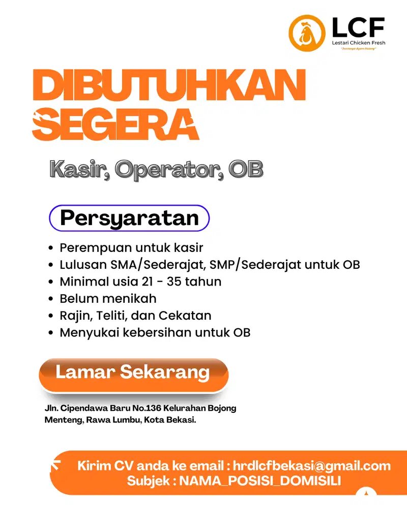 DIBUTUHKAN SEGERA KASIR, OPERATOR, DAN OB !!!