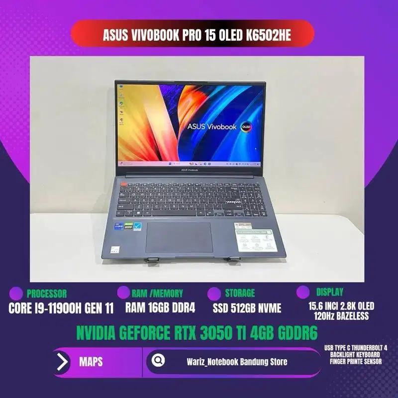 ASUS VIVOBOOK PRO 15 OLED K6502HE CORE I9-11900H NVIDIA RTX 3050 Ti RA
