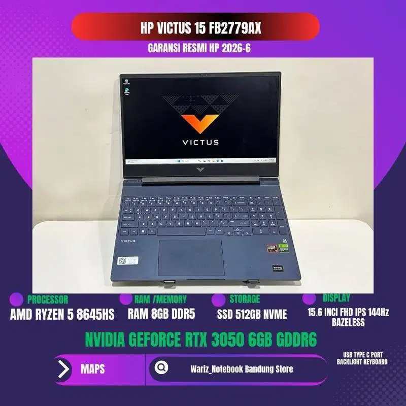 HP VICTUS 15 FB2779AX AMD RYZEN 5 8645HS NVIDIA RTX 3050 6GB RAM 8GB S