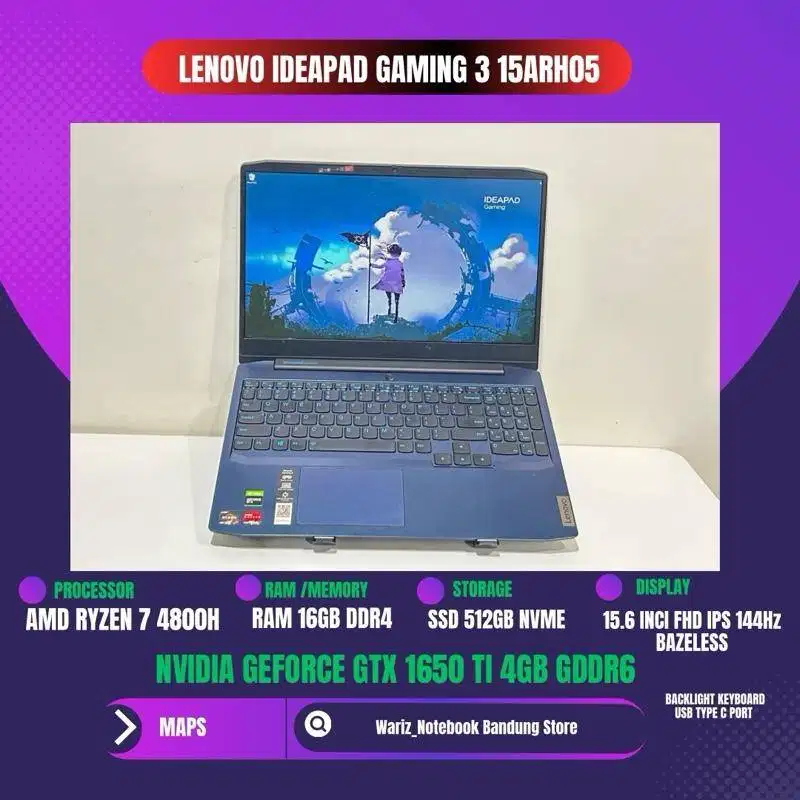 LENOVO IDEAPAD GAMING 3 15ARH05 AMD RYZEN 7 4800H RAM 16GB SSD 512GB N