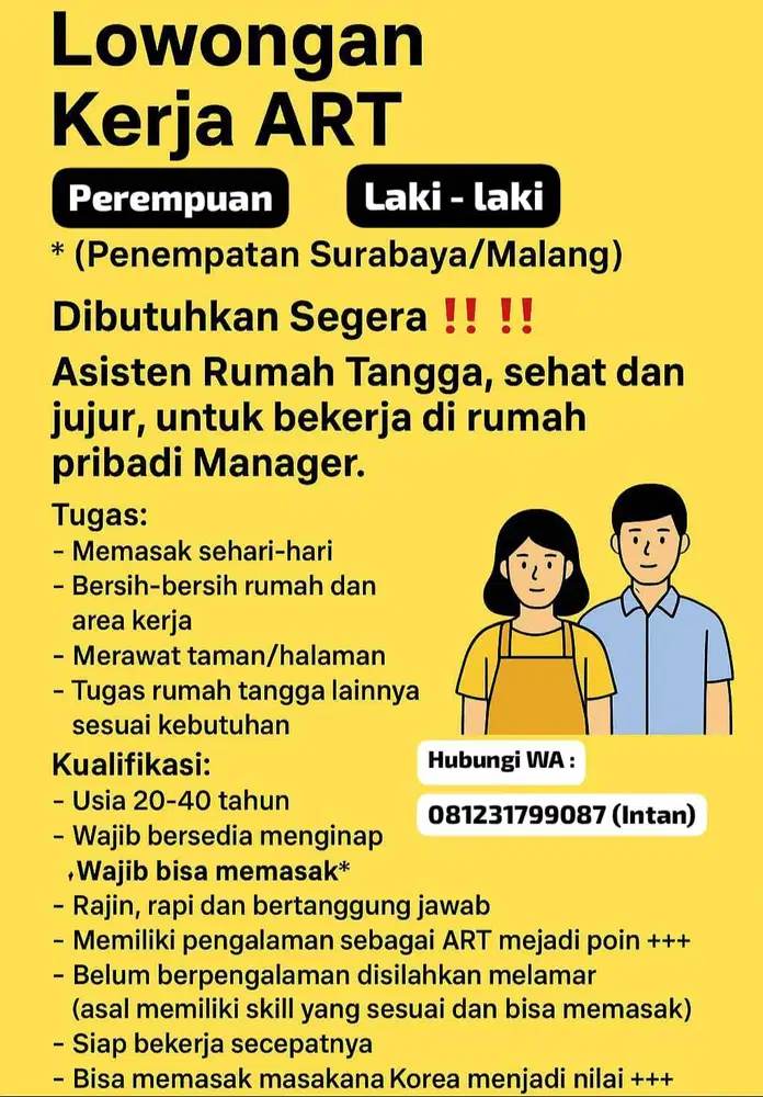 LOWONGAN KERJA ASISTEN RUMAH TANGGA