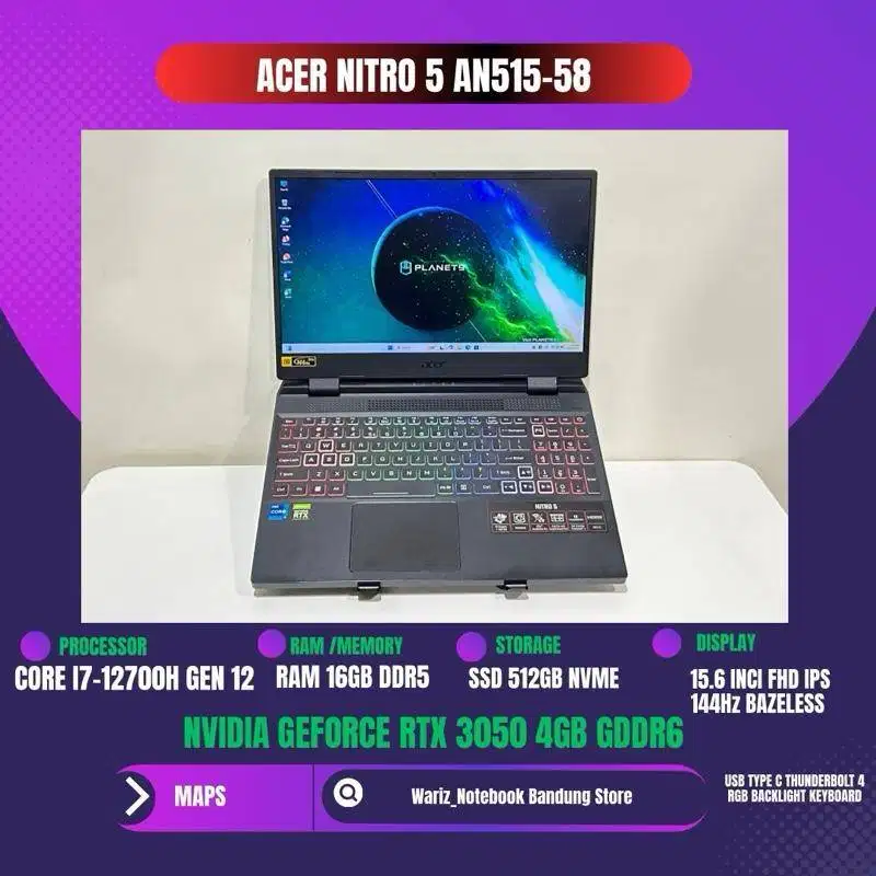 ACER NITRO 5 AN515-58 CORE I7-12700H NVIDIA RTX 3050 RAM 16GB SSD 512G