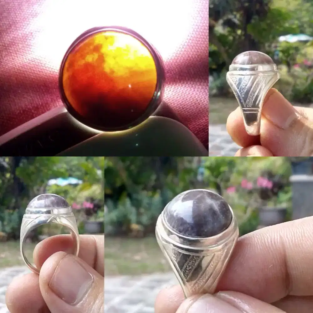 Cincin perak batu fossil galih kelor crystal tembus senter