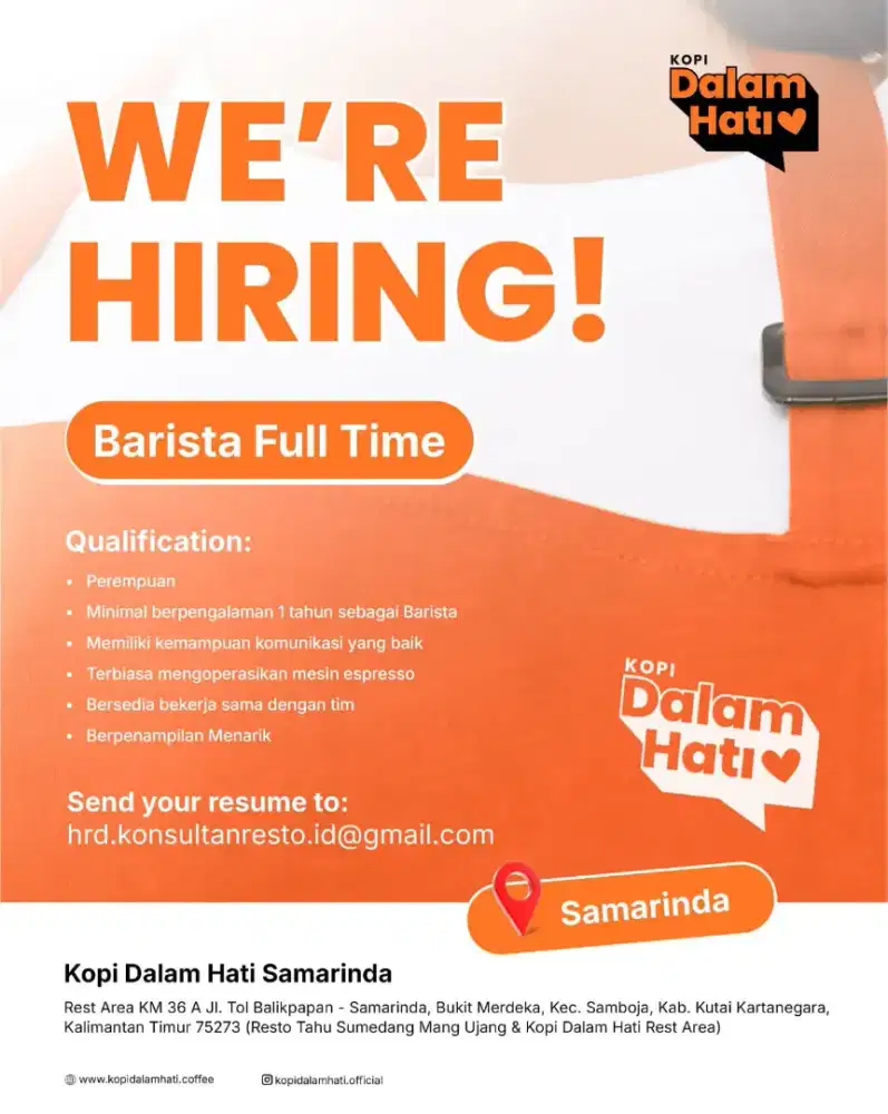 Butuh Barista Wanita yang bisa segera kerja