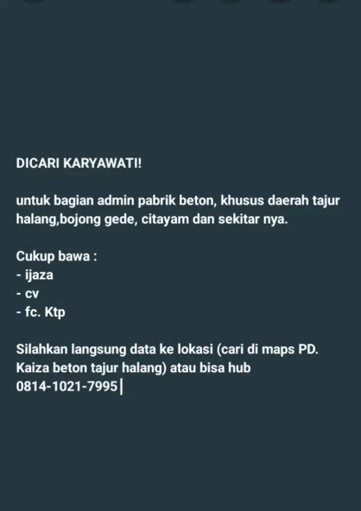 DICARI KARYAWATI ADMIN PABRIK BETON