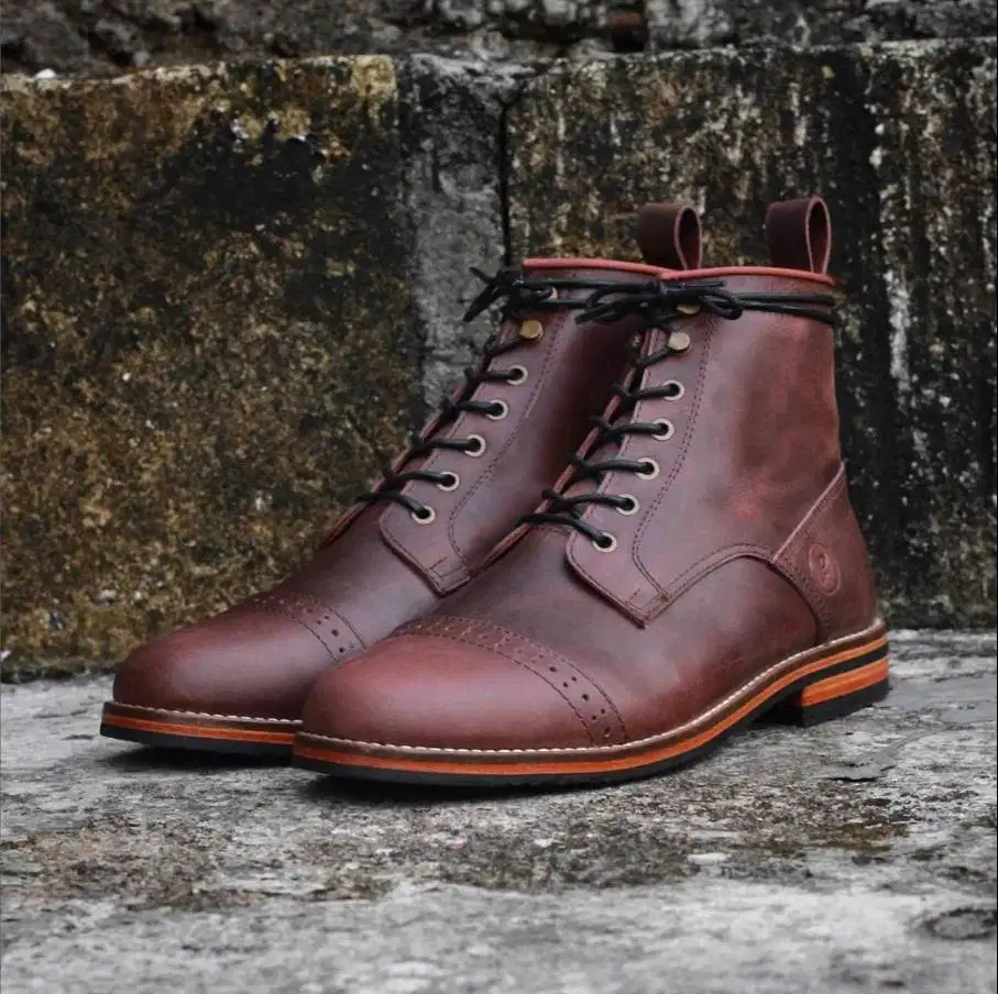 Sepatu Portblue Brown Coffee Lace Up Captoe Boots Shoes Leather Kulit