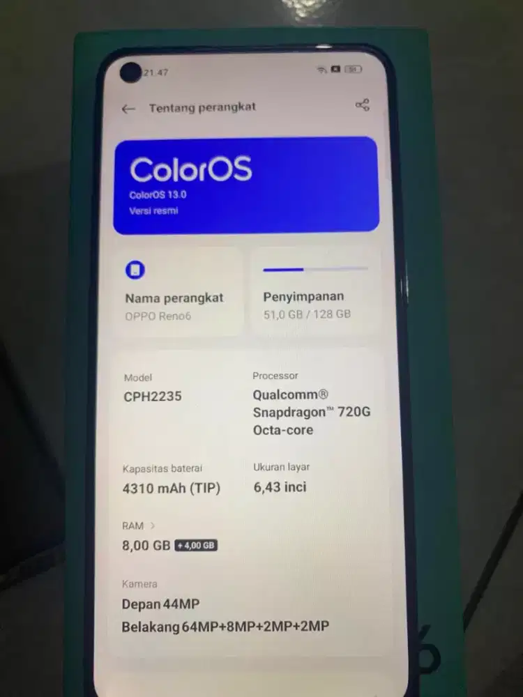 Oppo reno 6 ram 8+4/128gb