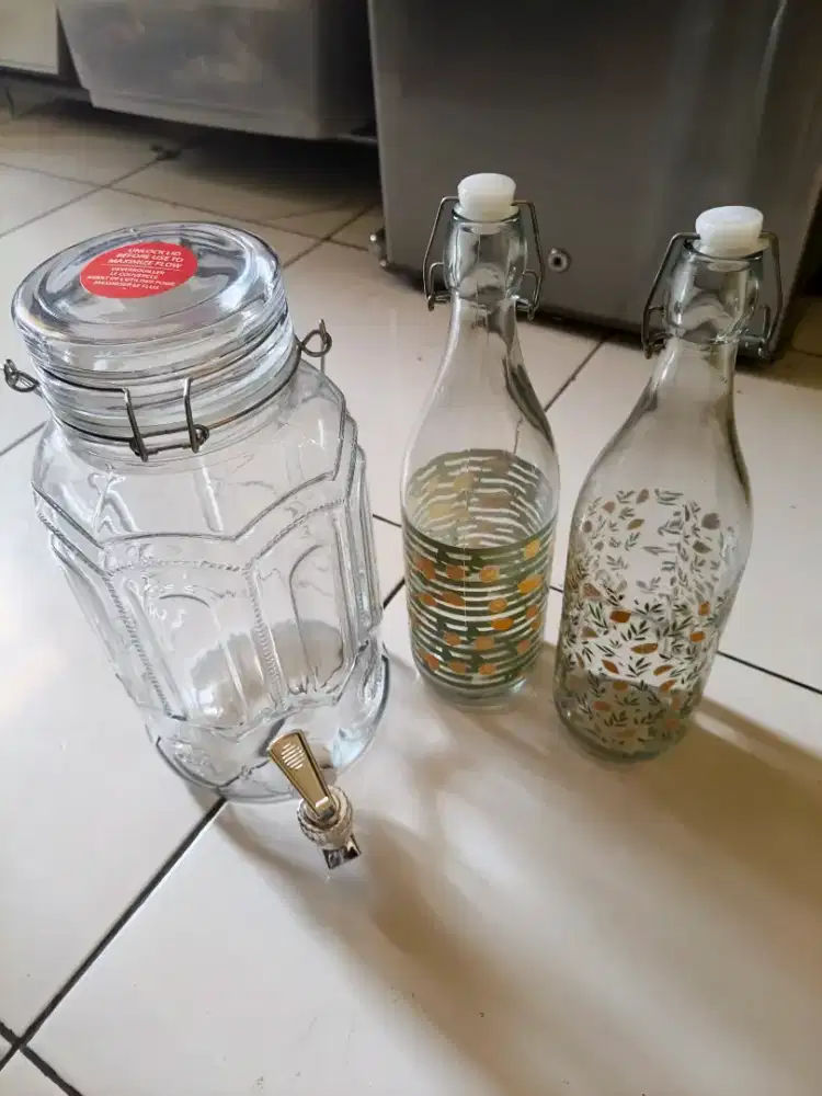 Dispenser kaca + botol kaca tutup swing