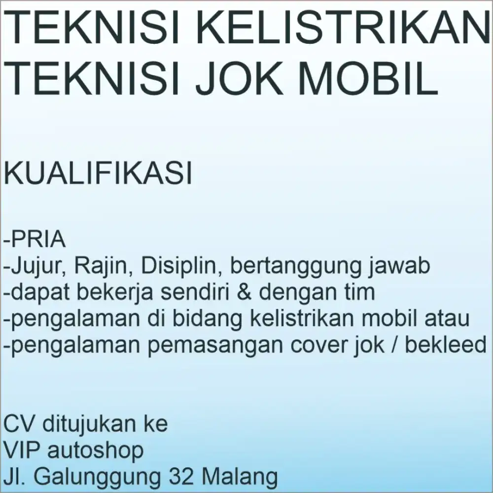 Lowongan Kerja Teknisi Listrik / Jok / Audio Mobil Variasi