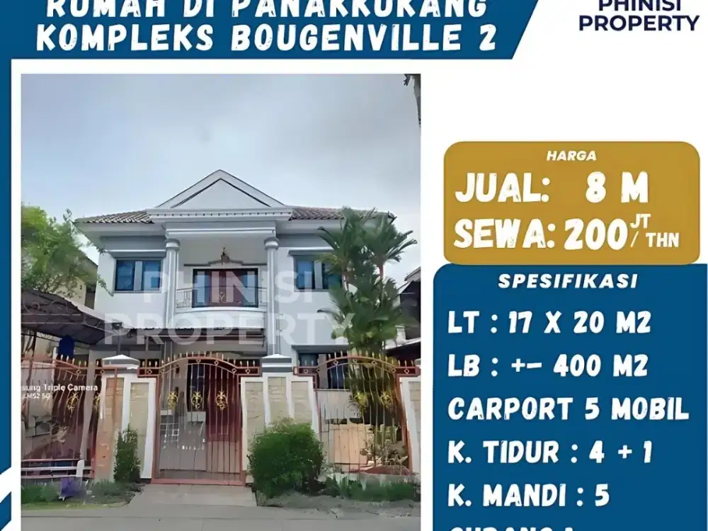 DIJUAL / DI SEWAKAN RUMAH 2 LANTAI DI BOUGENVILLE PANAKUKANG