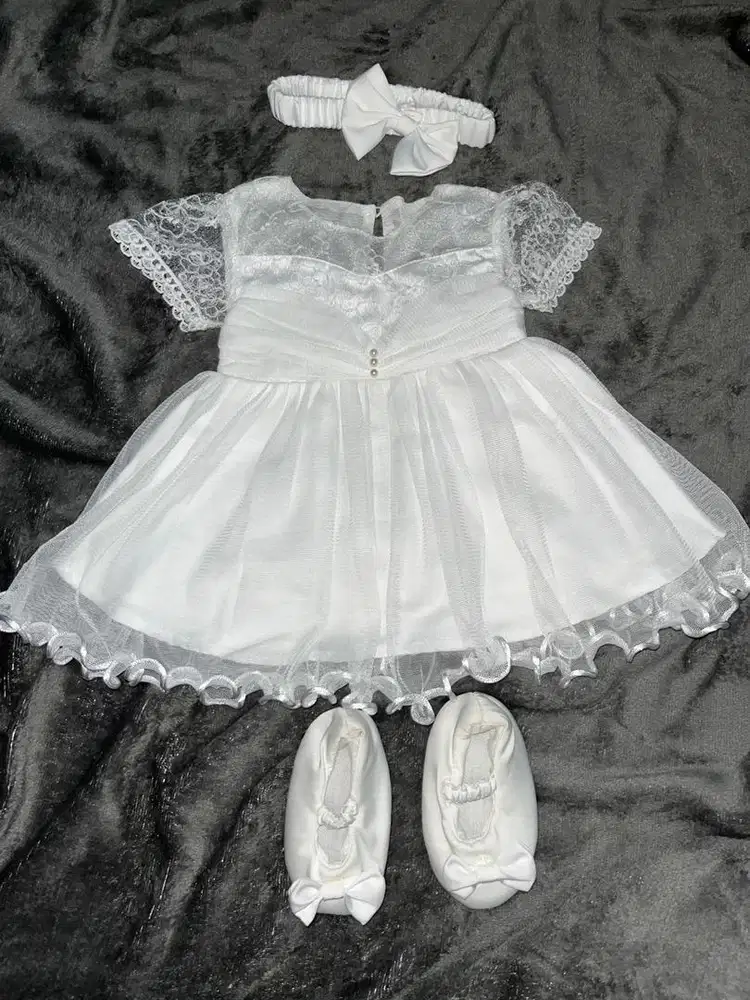Baju set bando sepatu bayi dress aqiqah 0-3 bulan little naosy