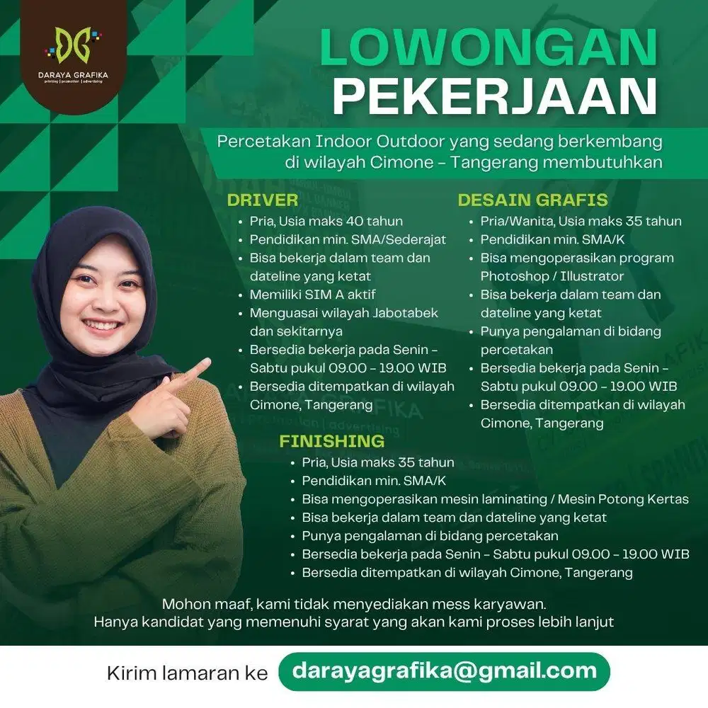 LOWONGAN DRIVER, DESAIN GRAFIS, FINISHING PERCETAKAN CIMONE TANGERANG
