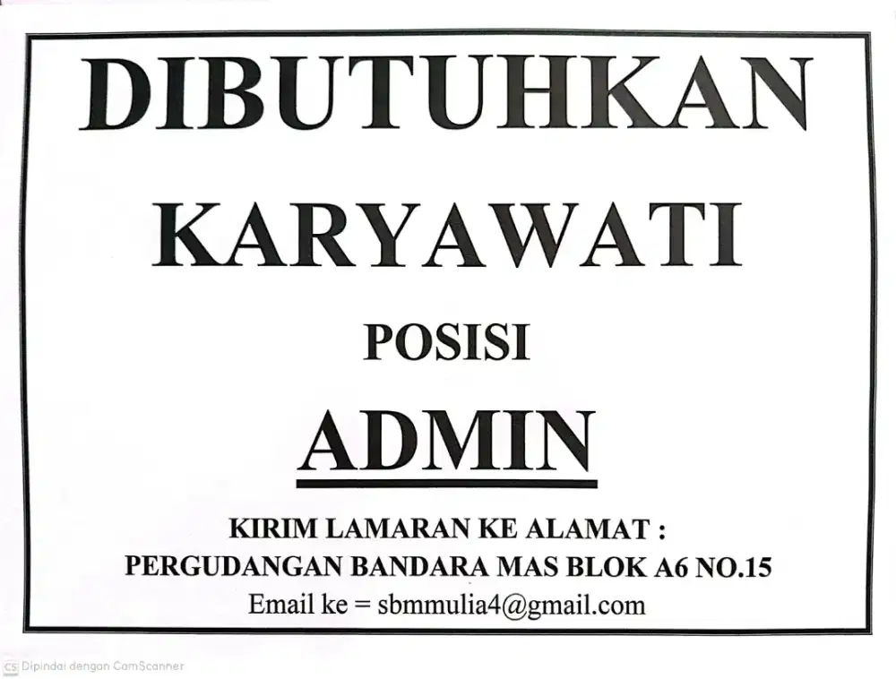 Dibutuhkan Admin Wanita