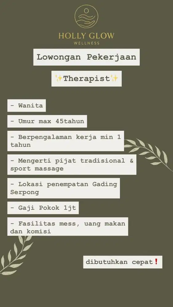 LOWONGAN THERAPIST SPA WANITA
