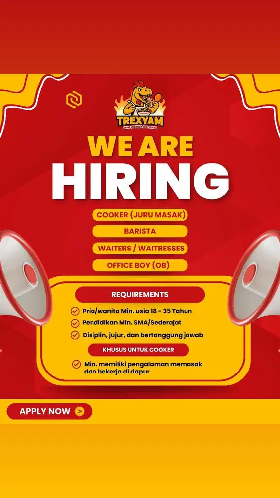LOKER WAITRESS, BARISTA, COOK HELPER, COOK TREXYAM