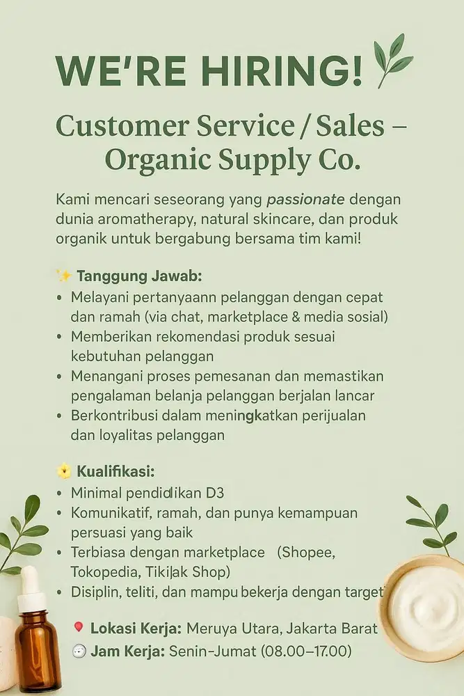 Lowongan Customer Service/Sales untuk Organic Supply Co., area JakBar