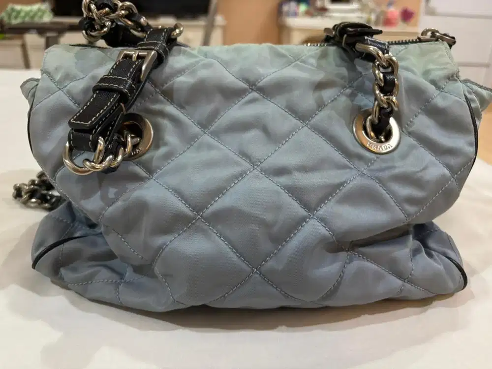 prada ORI Prada Quilted Nylon Chain Shoulder Bag in light blue