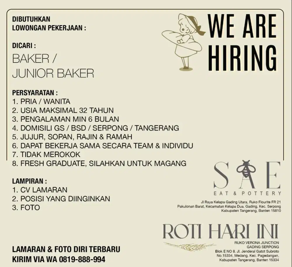 Dicari Baker / Junior baker Gading serpong
