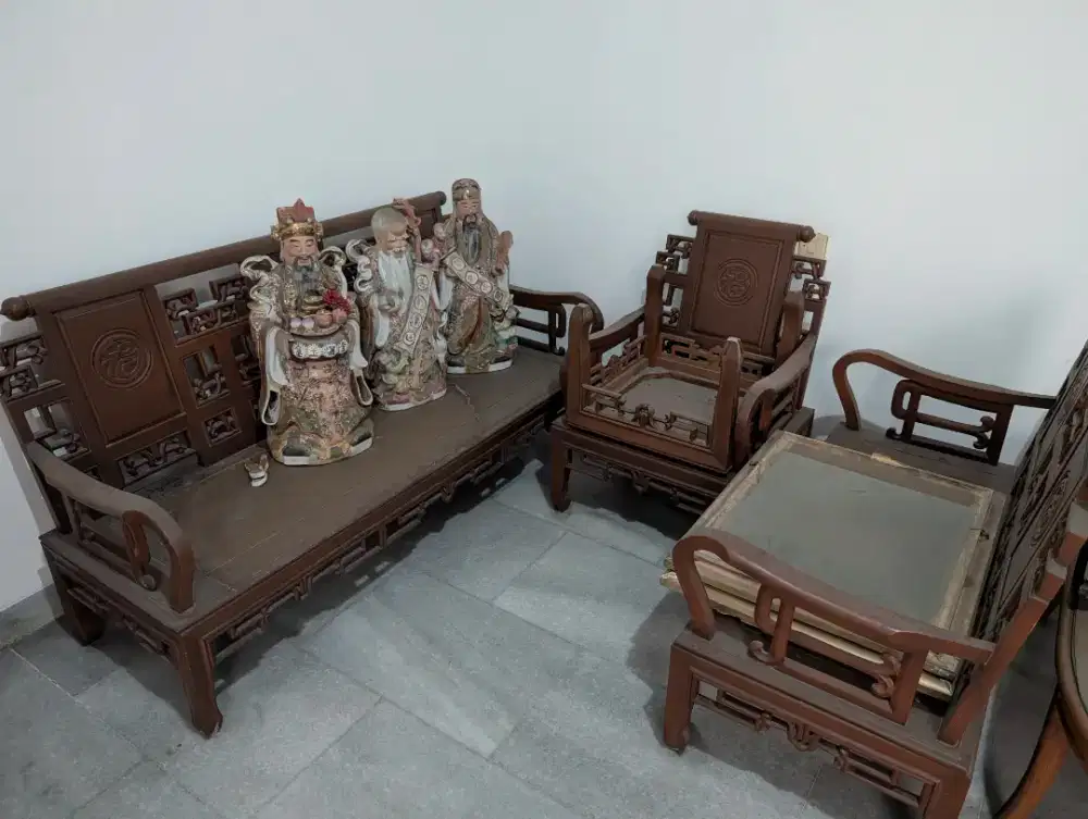 SET SOFA TAMU TIONGKOK KLASIK (3-2-1) + MEJA | Kayu Solid Ukiran Antik