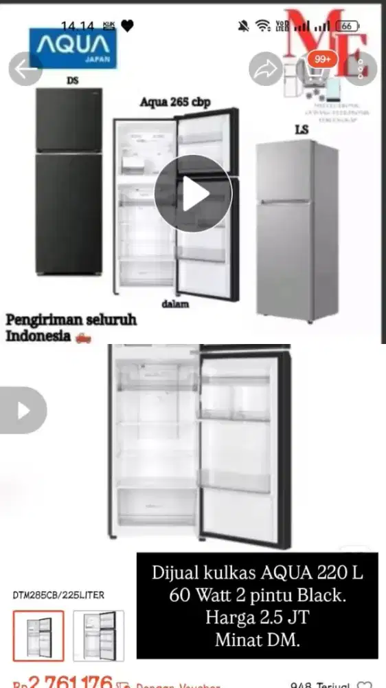 Kulkas Aqua 220 L 60 Watt 2 Pintu Black