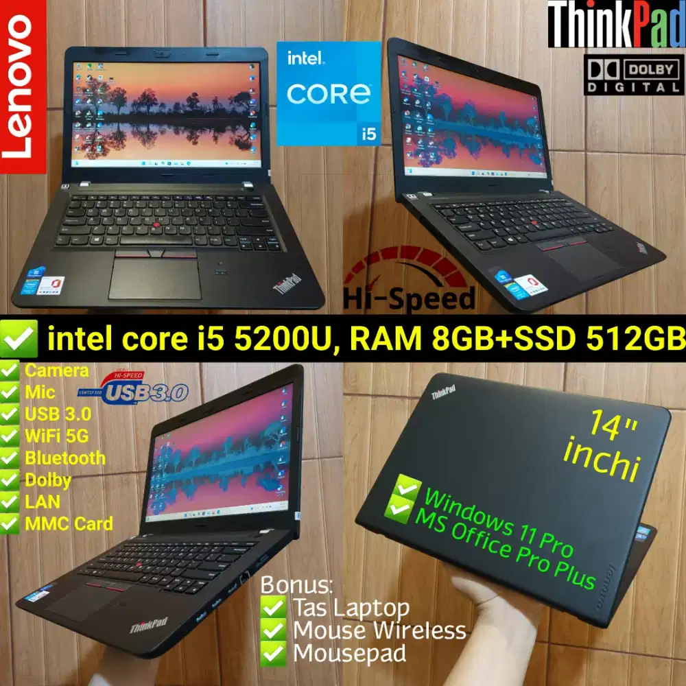 Laptop Thinkpad intel i5 RAM 8GB SSD 500GB Edge 450 Layar 14inch