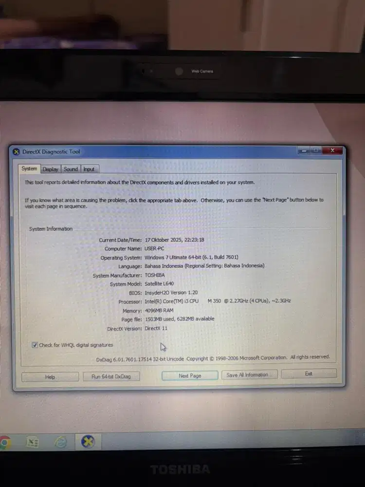 Toshiba Satellite L640 Intel Core I3