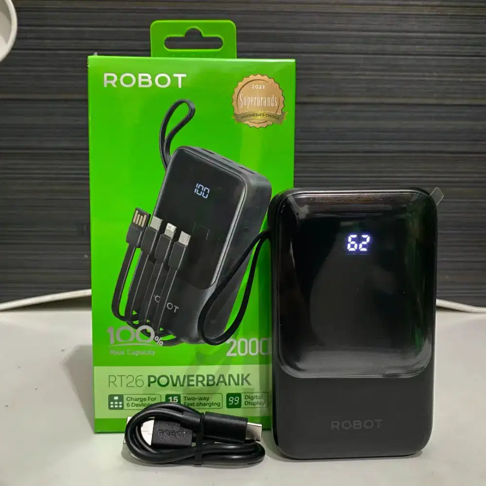 [BARU100%] POWERBANK ROBOT 20.000MAH RT26 Digital Display 15WATT+KABEL